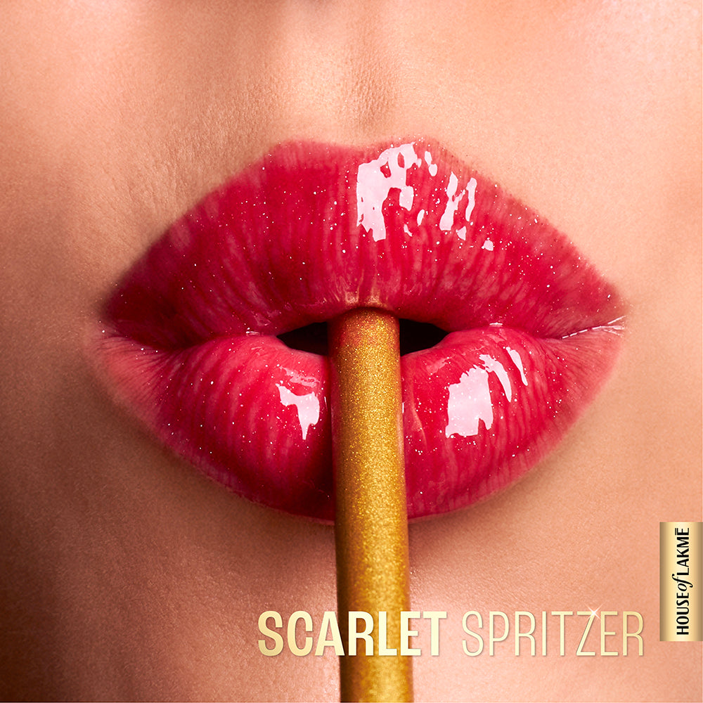 Lakmē Scarlet Spritzer lipstick shade from Lakmē Glitterati Lip Glaze