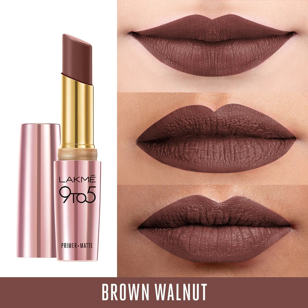 Lakmē 9to5 Powerplay Priming Matte Lipstick, shade Brown Walnut