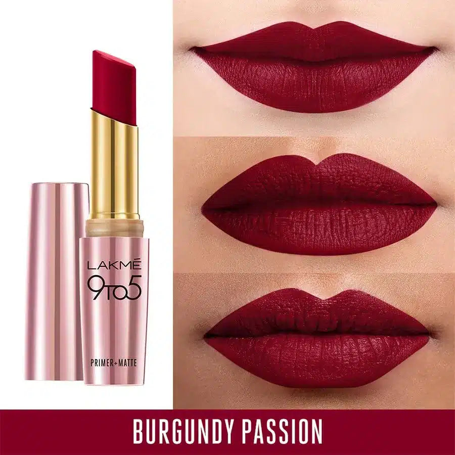 Lakmē 9to5 Powerplay Priming Matte Lipstick, shade Burgundy Passion