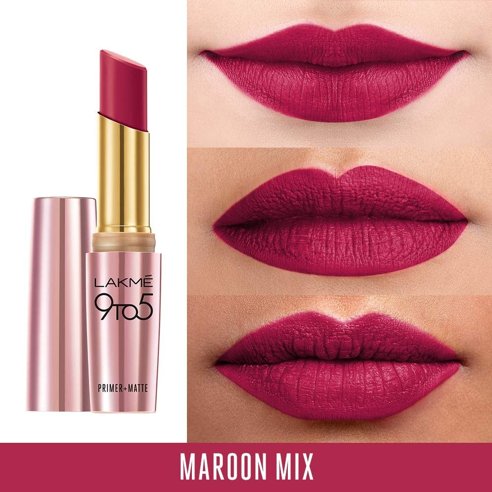 Lakmē 9to5 Powerplay Priming Matte Lipstick, shade Maroon Mix