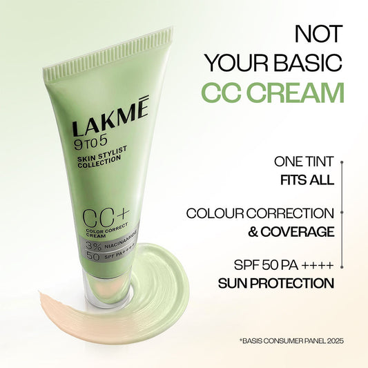 Lakmē 9to5 CC+ Matcha Green CC Cream with 3% Niacinamide & SPF 50 PA+++ - 18 g